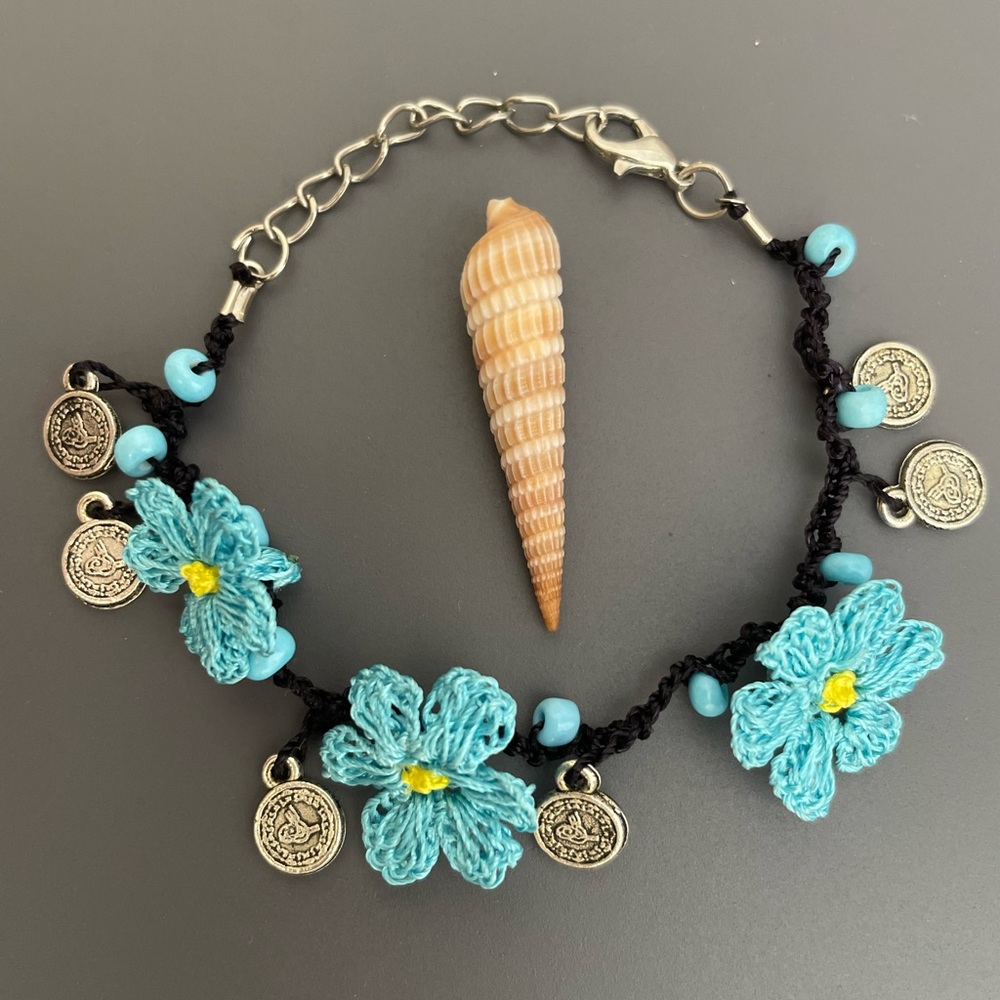 Handmade Floral Anklet, Ankle Bracelet, Boho Beach Ankle Accessory, Turquoise